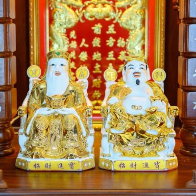 tượng Thần Tài Thổ Địa màu vàng bằng sứ
