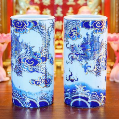 ống hương men lam vẽ vàng Bát Tràng