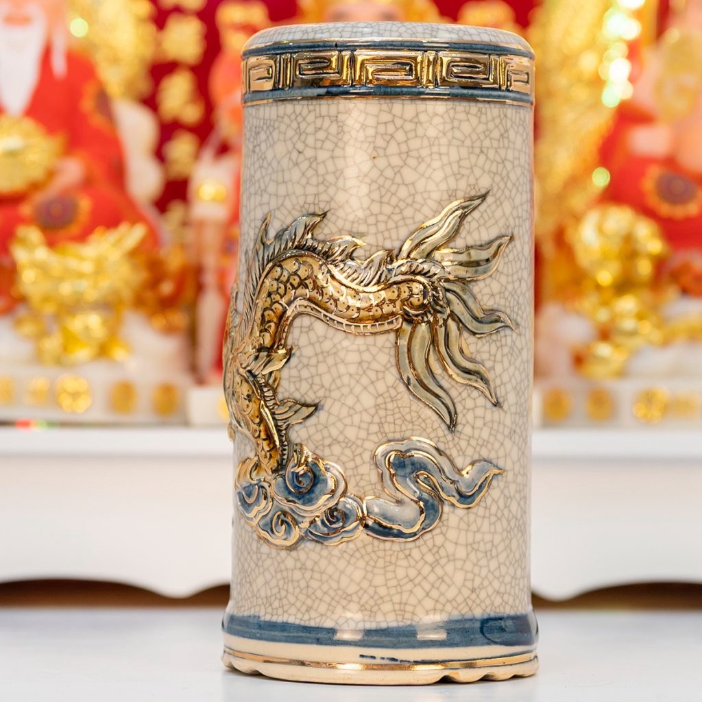 Ống hương men rạn vẽ vàng Bát Tràng dùng để đựng nhang ống hương men rạn vẽ vàng Bát Tràng