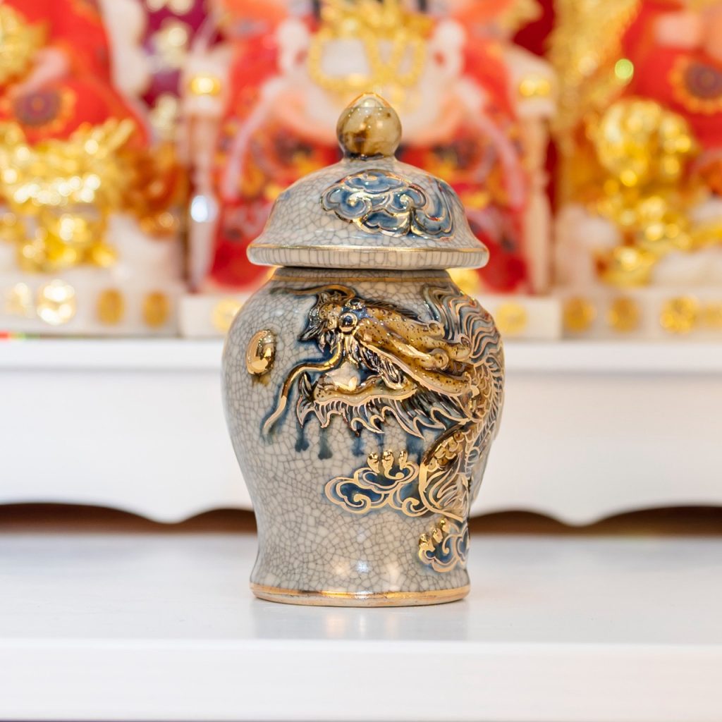 Chóe thờ men rạn vẽ vàng Bát Tràng đựng gạo muối nước chóe thờ men rạn vẽ vàng Bát Tràng