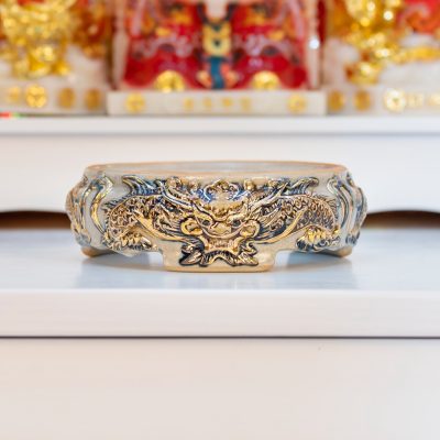 Đế bát hương men rạn vẽ vàng Bát Tràng